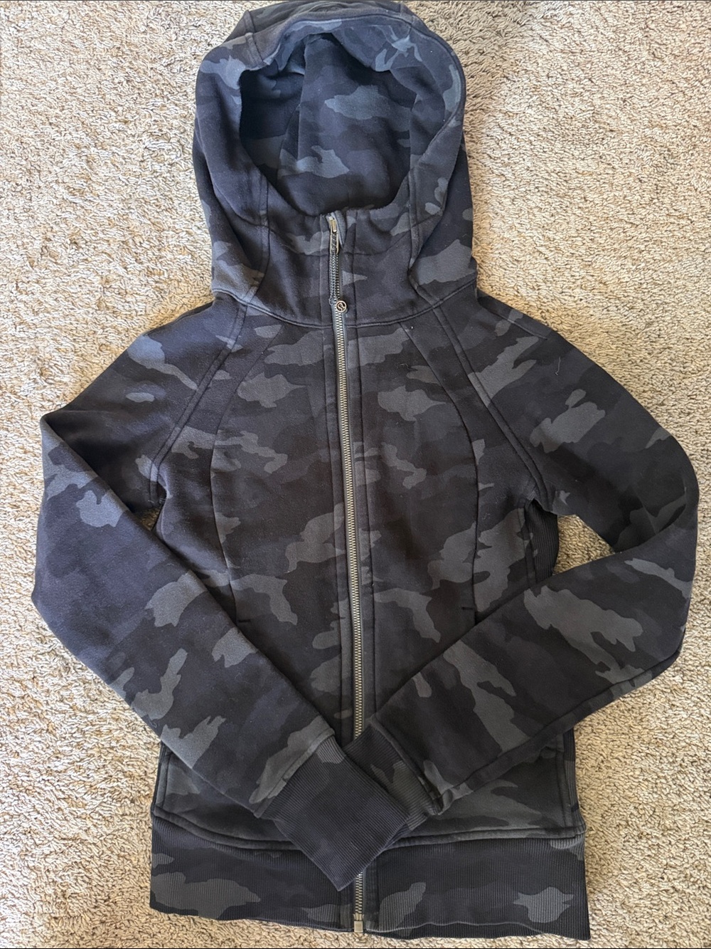 lululemon athletica black fleece jacket with subtle gray camo